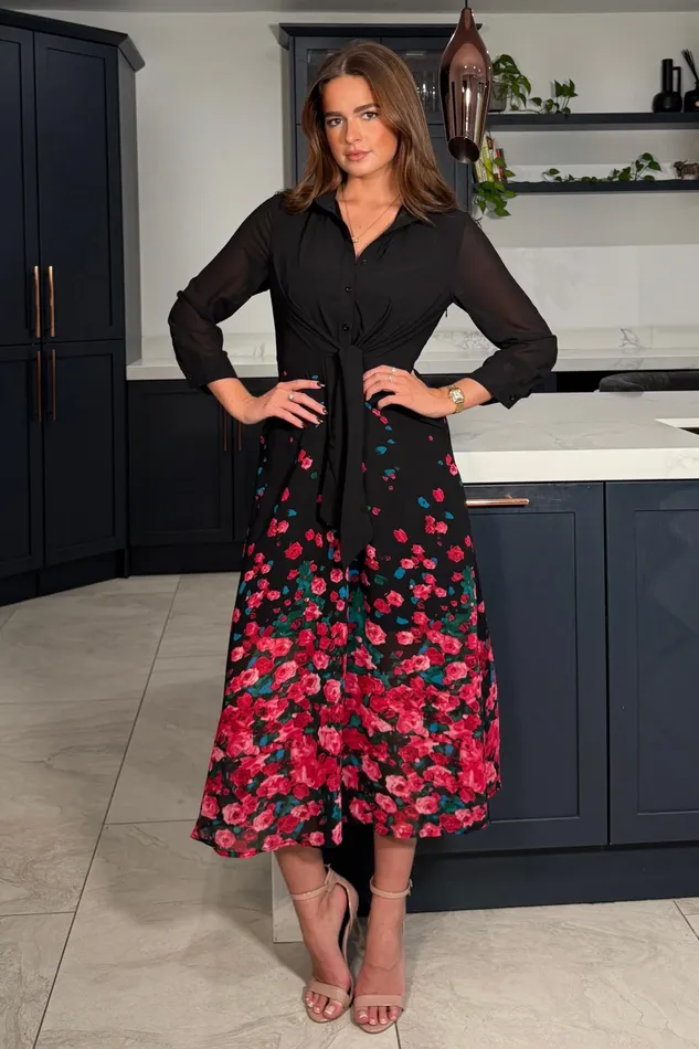 Isabella Red Floral Tie Front Shirt Dress Women Girl In Mind Shirt Dresses