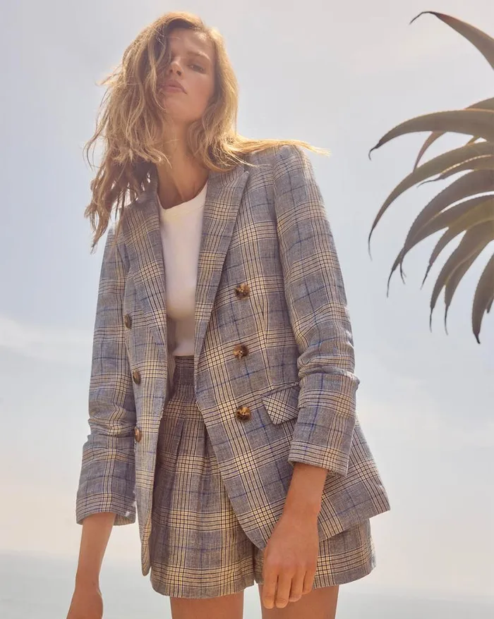 Jackets and Outerwear ShopJackets Veronica Beard Beacon Plaid Linen Dickey Jacket Blue Multi