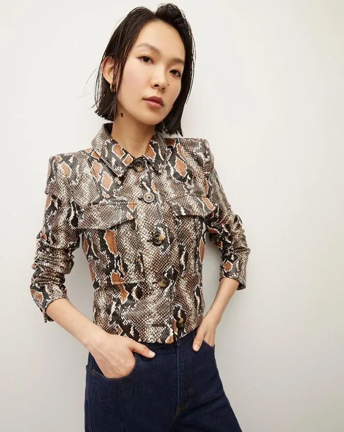 Jackets and Outerwear Shop Veronica Beard Fulham Python Vegan Leather Jacket Khaki Multi Jackets and Outerwear Shop Veronica Beard Fulham Python Vegan Leather Jacket Khaki Multi
