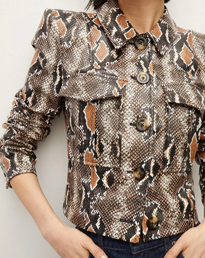 Jackets and Outerwear Shop Veronica Beard Fulham Python Vegan Leather Jacket Khaki Multi