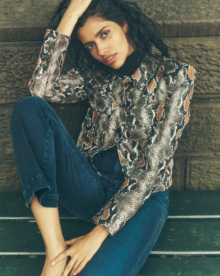 Jackets and Outerwear Shop Veronica Beard Fulham Python Vegan Leather Jacket Khaki Multi