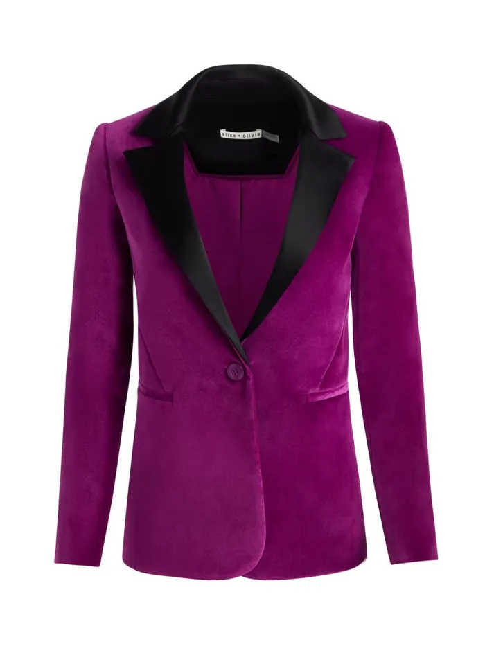 Jackets Coats Women Alice Olivia MACEY NOTCH COLLAR VELVET BLAZER WITH COMBO LAPEL Black