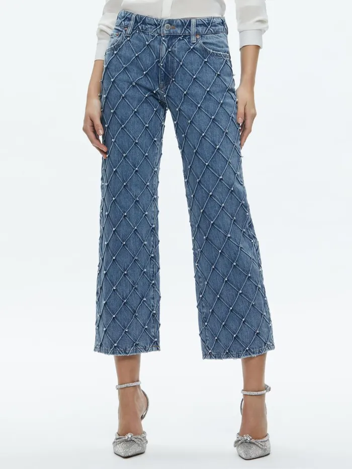 Jeans Women Alice Olivia WEEZY QUILTED EMBELLISHED CROPPED MID RISE JEAN Light Indigo