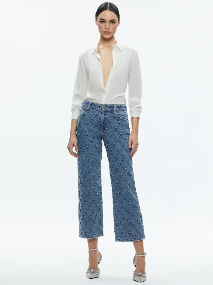Jeans Women Alice Olivia WEEZY QUILTED EMBELLISHED CROPPED MID RISE JEAN Light Indigo