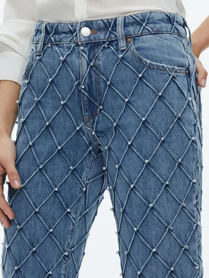 Jeans Women Alice Olivia WEEZY QUILTED EMBELLISHED CROPPED MID RISE JEAN Light Indigo