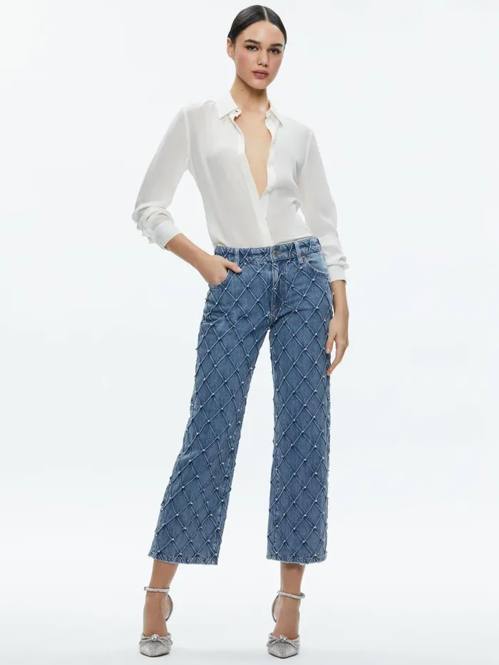 Jeans Women Alice Olivia WEEZY QUILTED EMBELLISHED CROPPED MID RISE JEAN Light Indigo