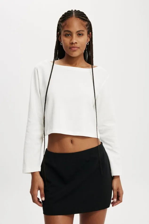 Jordyn Boat Neck Chopped Long Sleeve Top Natural White Women Cotton On Tops
