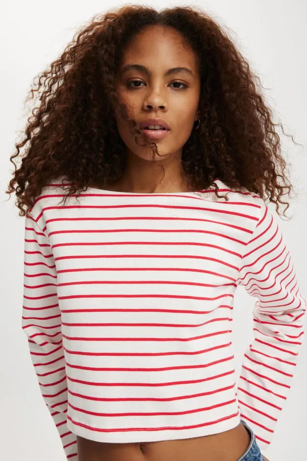 Jordyn Boat Neck Chopped Long Sleeve Top Remi Stripe Natural Whitefiery Red Women Cotton On Tops Jordyn Boat Neck Chopped Long Sleeve Top Remi Stripe Natural Whitefiery Red Women Cotton On Tops