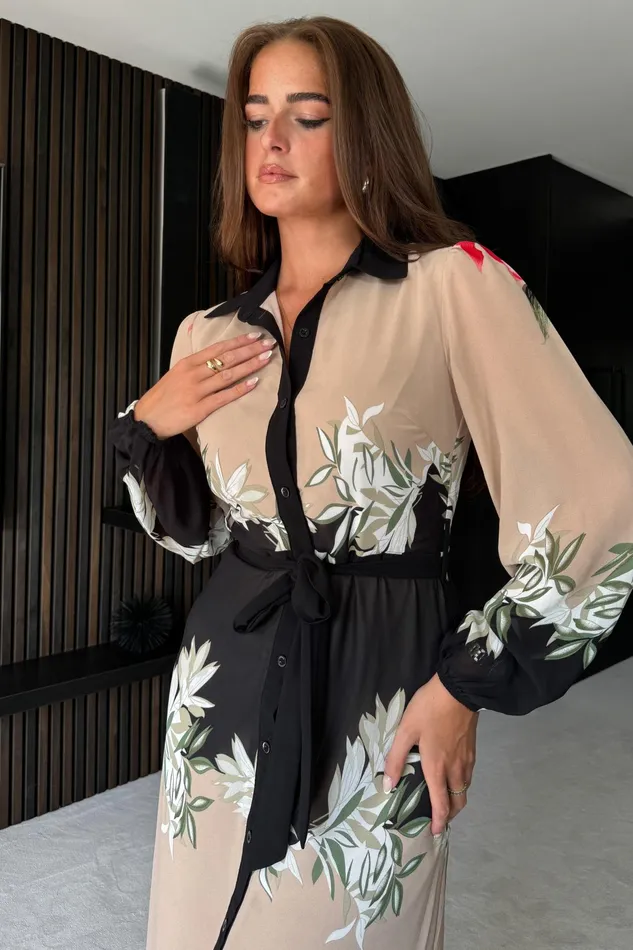 Kaya Contrast Placket Floral Midi Shirt Dress Beige Women Girl In Mind Shirt Dresses