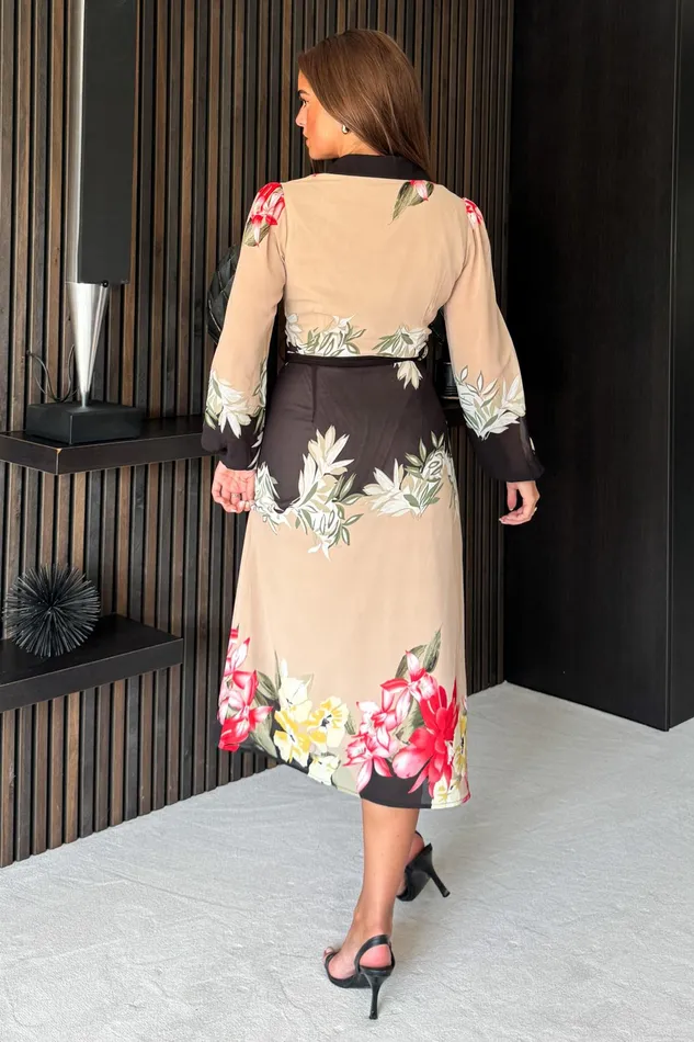 Kaya Contrast Placket Floral Midi Shirt Dress Beige Women Girl In Mind Shirt Dresses