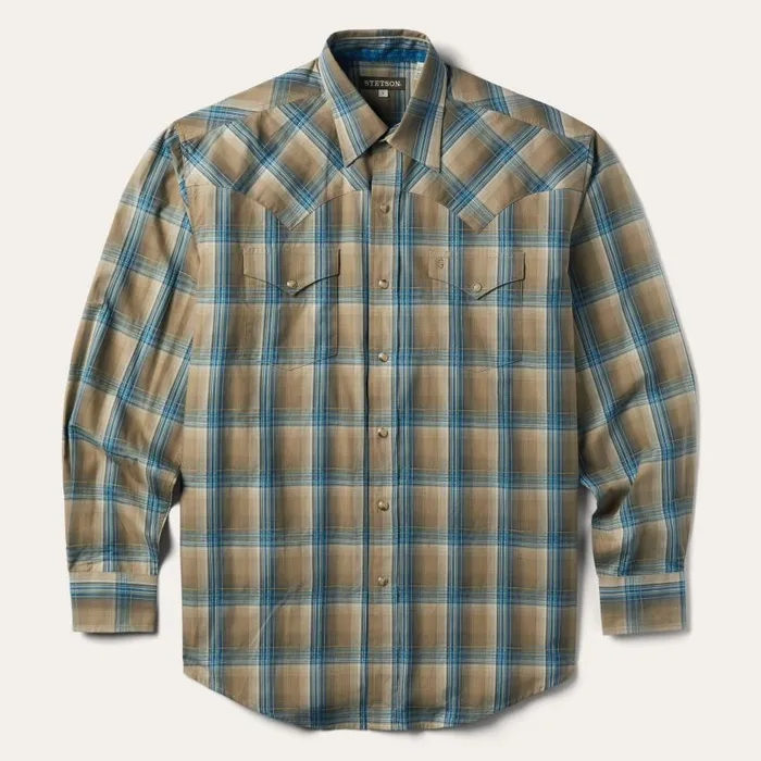 Khaki Ombre Plaid Shirt Khaki Ombre Plaid Shirt Men Stetson Western Shirts