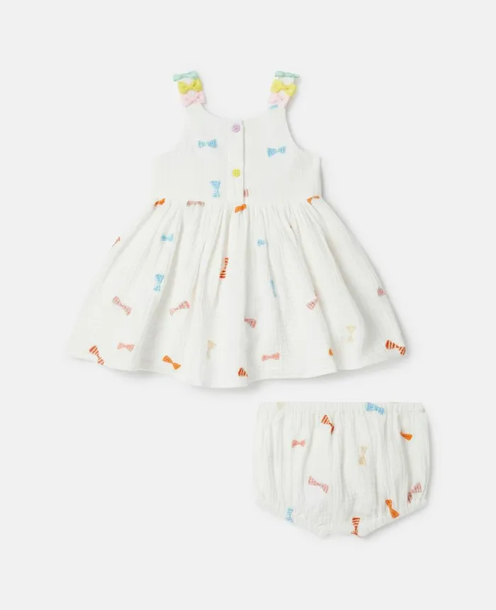 Kids Baby Girls Stella McCartney Striped Bow Print Dress And Bloomers Set Ivory Kids Baby Girls Stella McCartney Striped Bow Print Dress And Bloomers Set Ivory