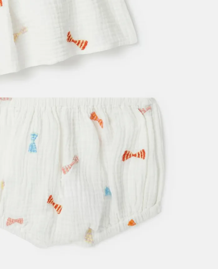 Kids Baby Girls Stella McCartney Striped Bow Print Dress And Bloomers Set Ivory