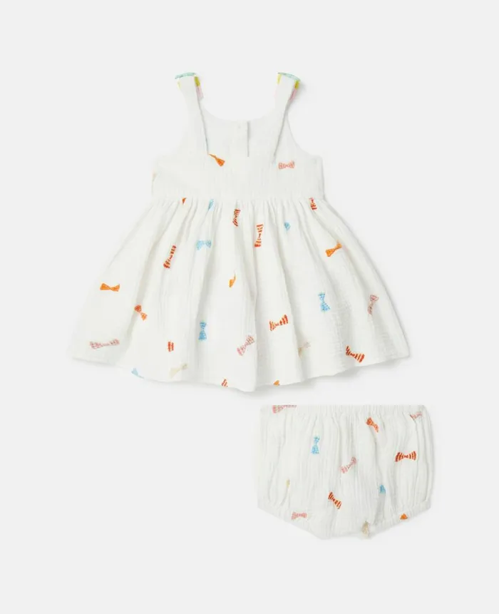 Kids Baby Girls Stella McCartney Striped Bow Print Dress And Bloomers Set Ivory