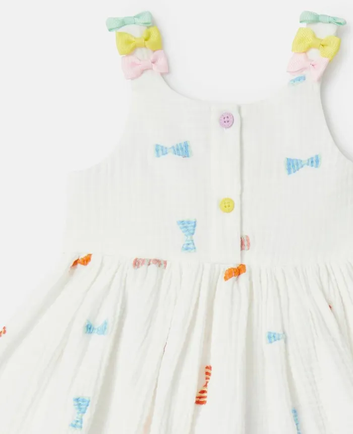 Kids Baby Girls Stella McCartney Striped Bow Print Dress And Bloomers Set Ivory