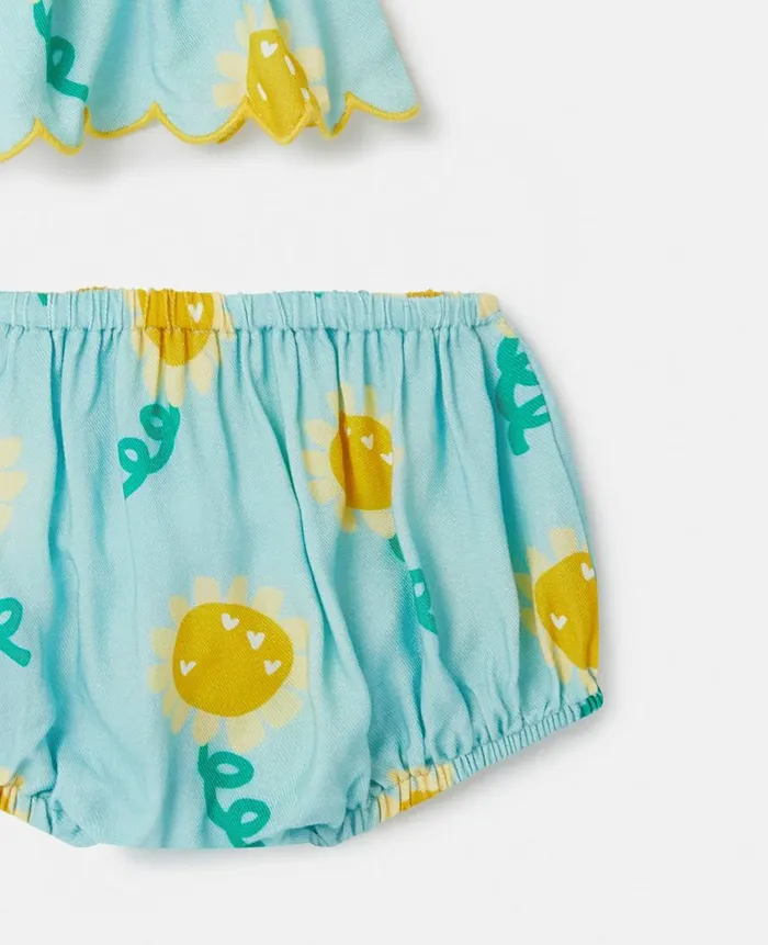 Kids Baby Girls Stella McCartney Sunflower Print Sleeveless Dress And Bloomers Set Aqua Blue