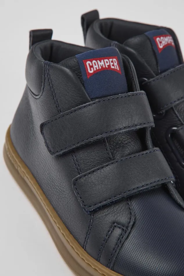 Kids Camper Boots Runner Navy Blue Leather And Textile Ankle Boots For Kids