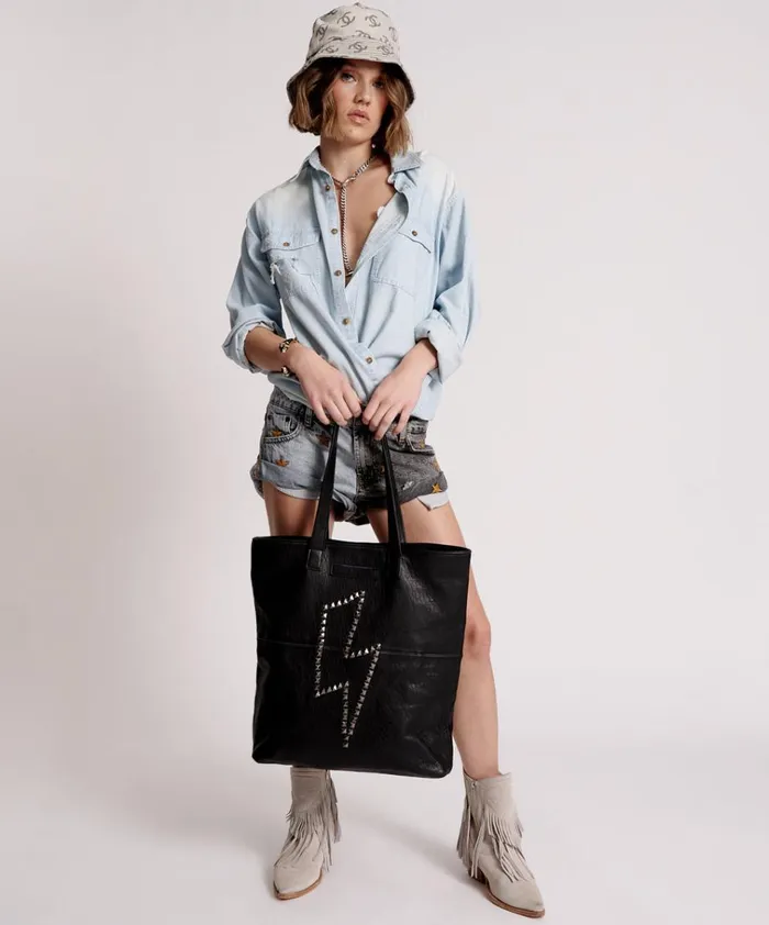LEATHER STUDDED LIGHTNING BOLT TOTE Women One Teaspoon Bags