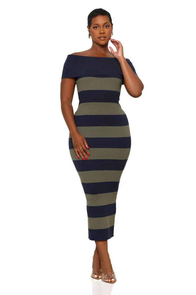 Lilly039s Kloset Dresses Women Fall In Love Stripe Off The Shoulder Dress OliveNavy Lilly039s Kloset Dresses Women Fall In Love Stripe Off The Shoulder Dress OliveNavy