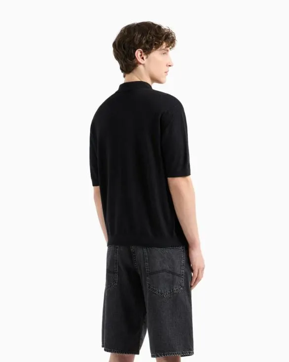 Linen And Cotton Polo Black Men Armani Knitwear Linen And Cotton Polo Black Men Armani Knitwear