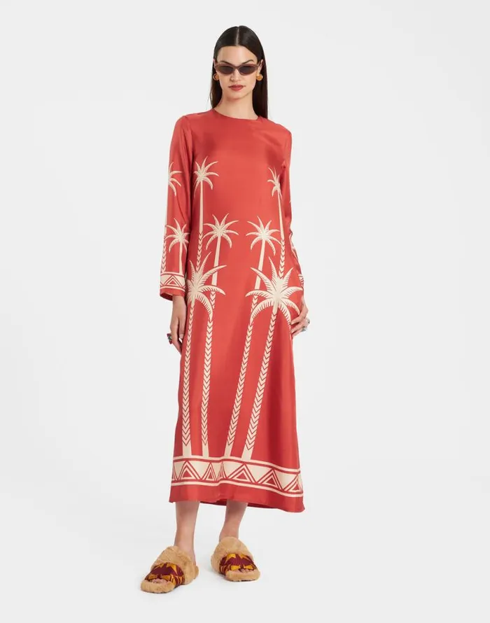 Long Sleeve Swing Dress Date Palms Place Red Women La Double J Dresses