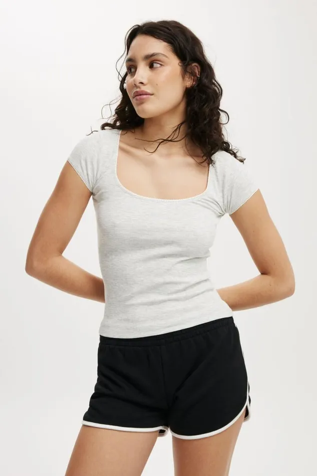 Lou Square Neck Short Sleeve Grey Marle Women Cotton On Tops