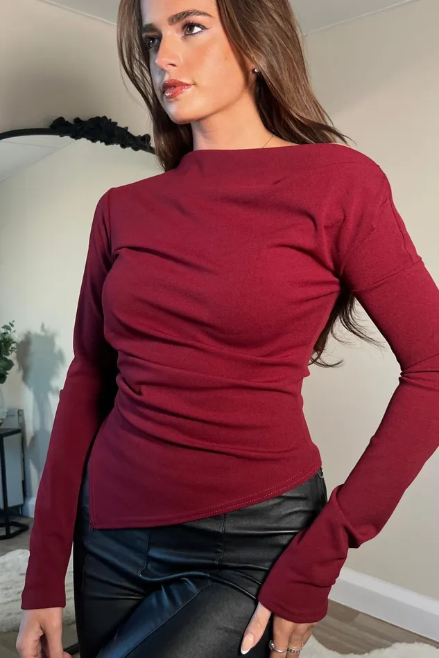Lowen Asymmetric Neckline Long Sleeve Top Wine Women Girl In Mind Tops and Bodysuits