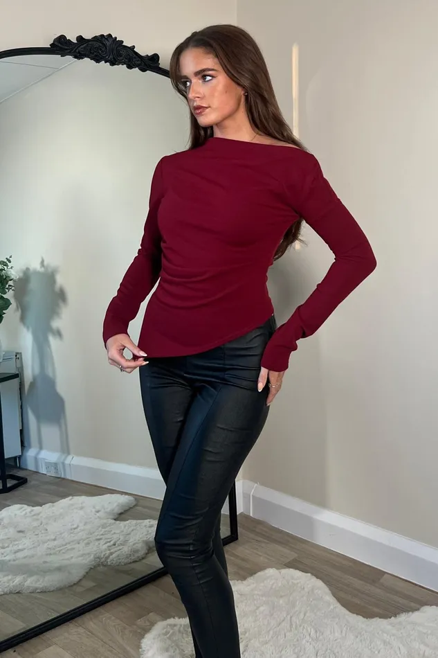 Lowen Asymmetric Neckline Long Sleeve Top Wine Women Girl In Mind Tops and Bodysuits