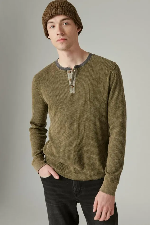 Lucky Brand Acid Wash Thermal Henley W Contrast Placket Green Multi Men Shirts and Tops