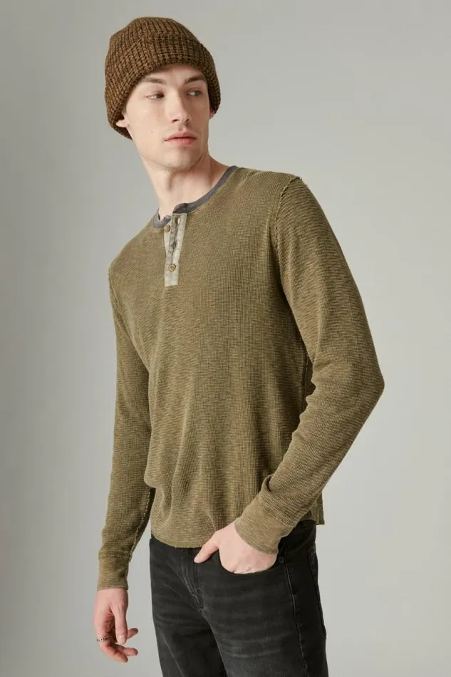 Lucky Brand Acid Wash Thermal Henley W Contrast Placket Green Multi Men Shirts and Tops