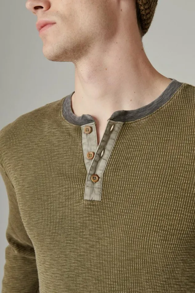 Lucky Brand Acid Wash Thermal Henley W Contrast Placket Green Multi Men Shirts and Tops