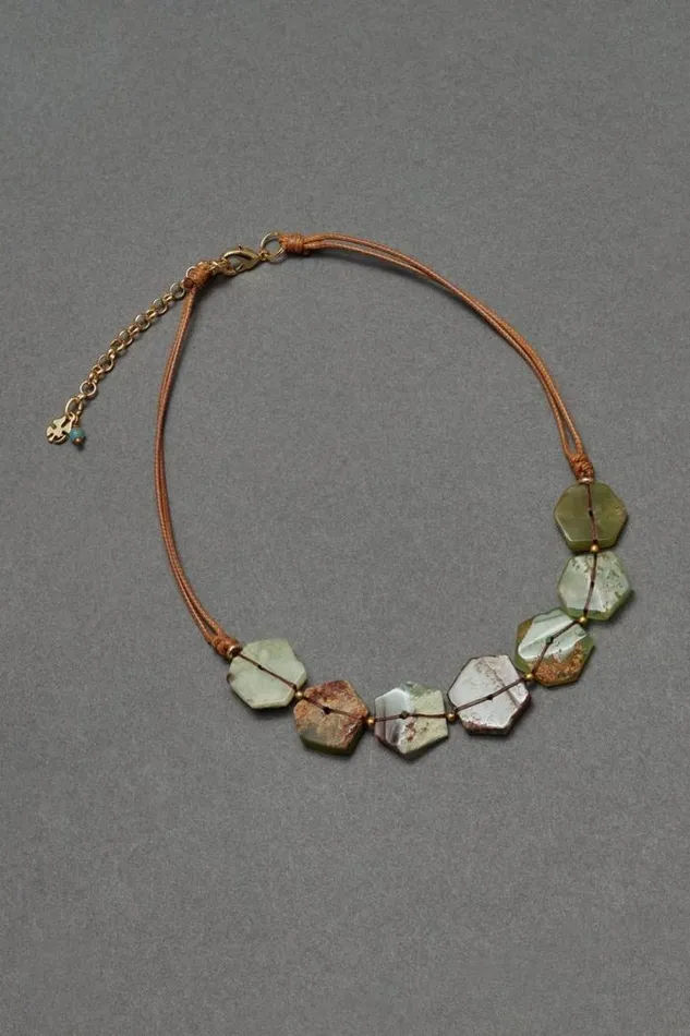 Lucky Brand Amazonite Stone Threaded Necklace Gold Women Jewelry