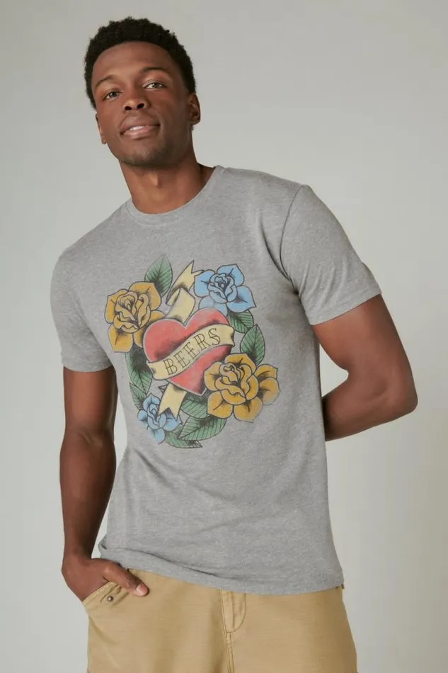 Lucky Brand Beer Tattoo Heather Grey Men Graphic Tees