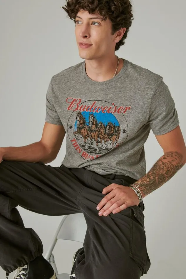 Lucky Brand Bud Clydesdales Heather Grey Men Graphic Tees