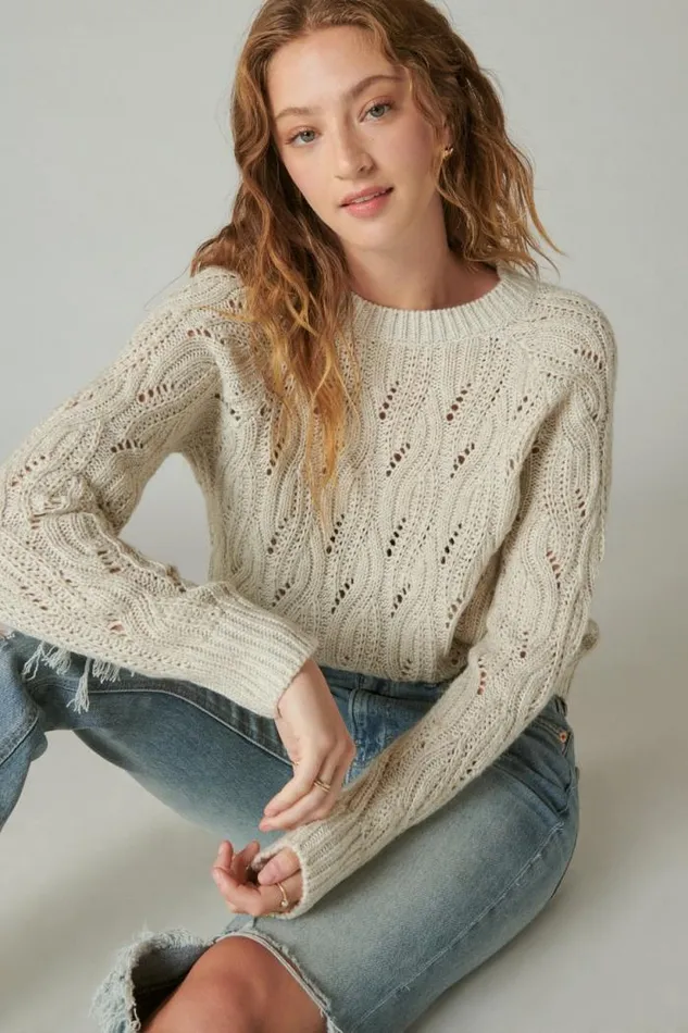 Lucky Brand Cable Stitch Shine Pullover Straw Heather Women Sweaters and Sweatshirts
