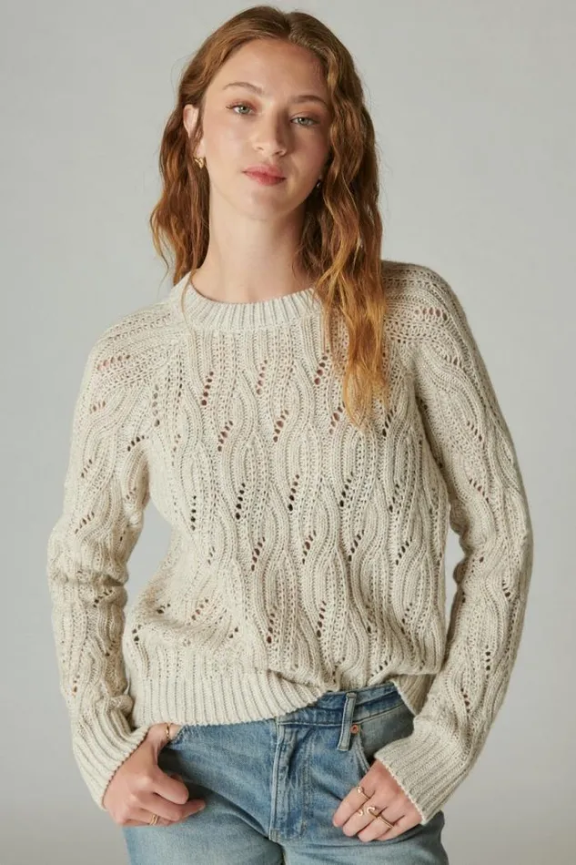 Lucky Brand Cable Stitch Shine Pullover Straw Heather Women Sweaters and Sweatshirts
