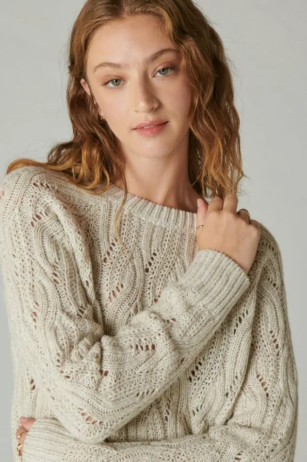 Lucky Brand Cable Stitch Shine Pullover Straw Heather Women Sweaters and Sweatshirts