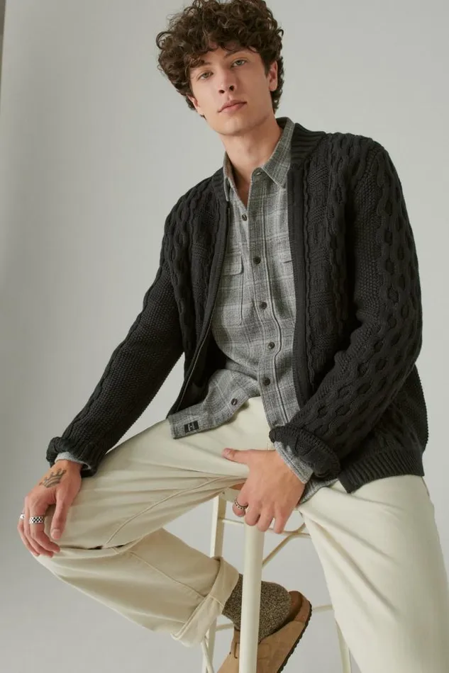 Lucky Brand Cable Zip Up Cardigan 001 Black Men Sweaters
