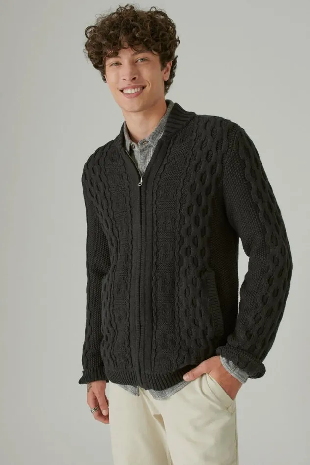 Lucky Brand Cable Zip Up Cardigan 001 Black Men Sweaters