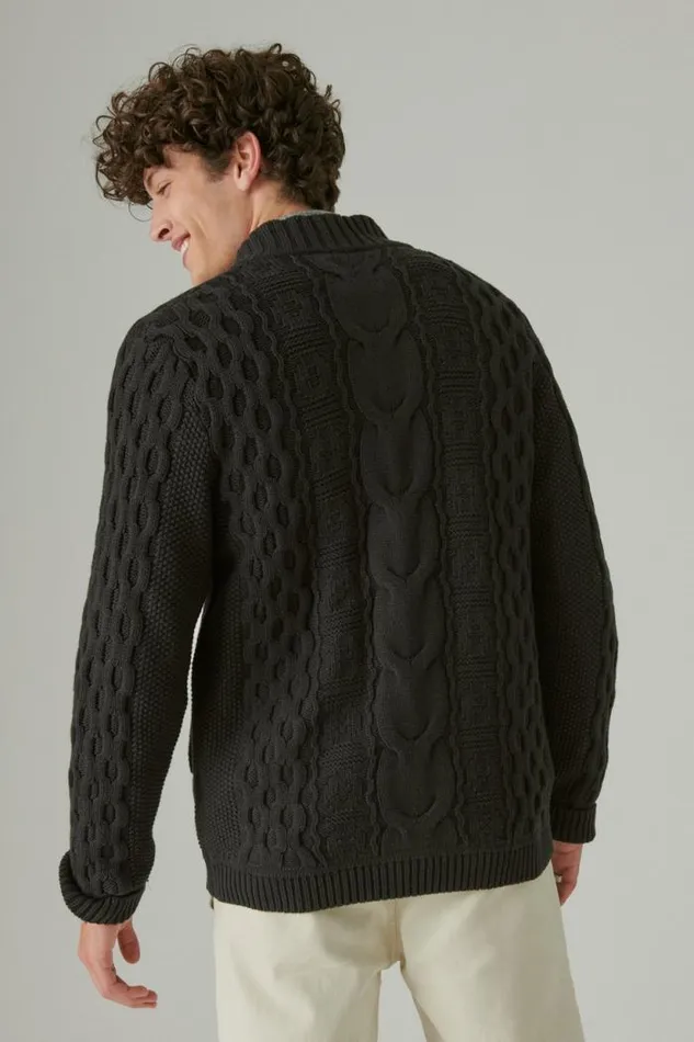 Lucky Brand Cable Zip Up Cardigan 001 Black Men Sweaters