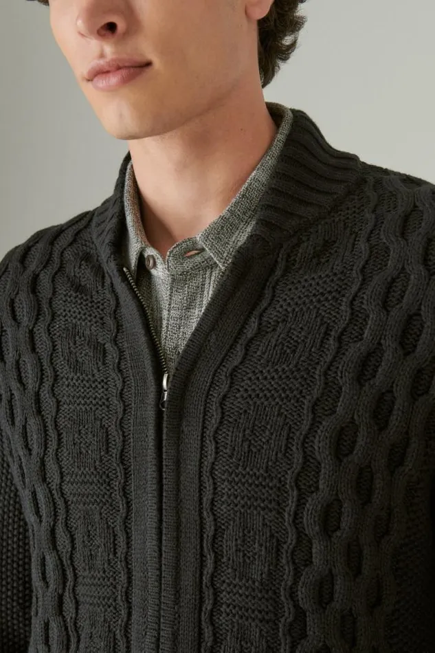 Lucky Brand Cable Zip Up Cardigan 001 Black Men Sweaters