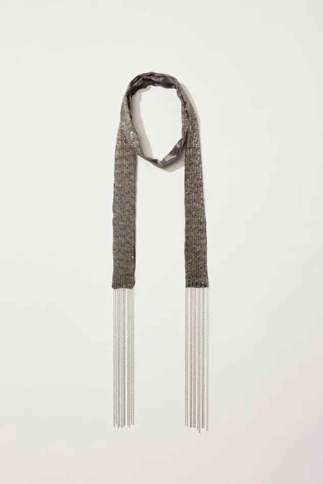 Lucky Brand Chain Fringe Silk Skinny Scarf Light Grey Women Scarves and Bandanas Lucky Brand Chain Fringe Silk Skinny Scarf Light Grey Women Scarves and Bandanas