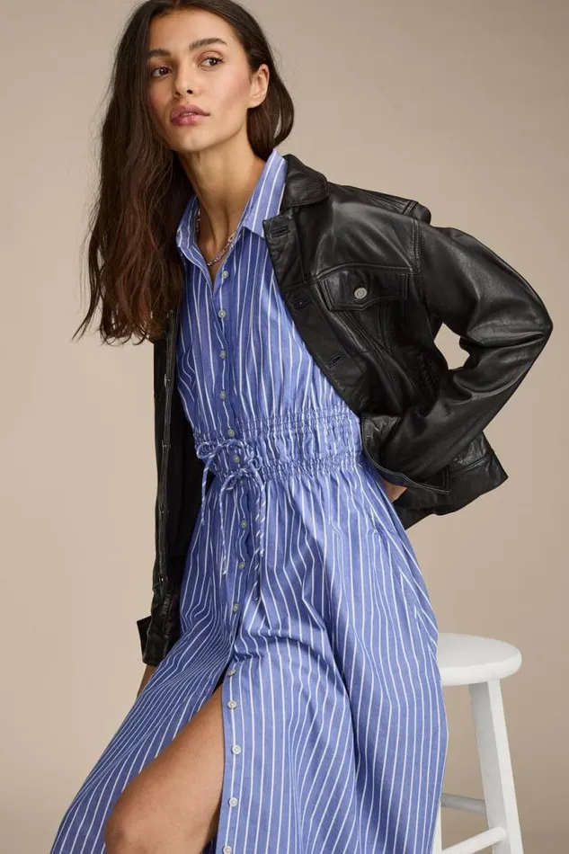 Lucky Brand Cinch Waist Shirt Dress Blue Stripe Women Dresses