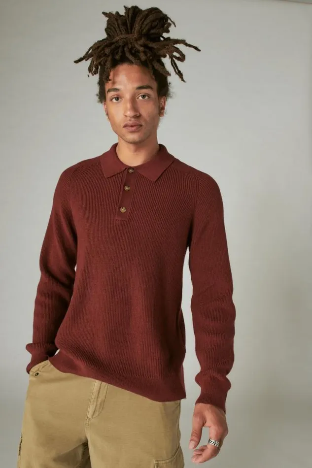 Lucky Brand Cloud Soft Polo Sweater Rustic Wine Men Sweaters