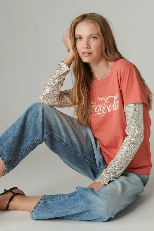 Lucky Brand Coca Cola Flock Classic Crew Cardinal Women Graphic Tees