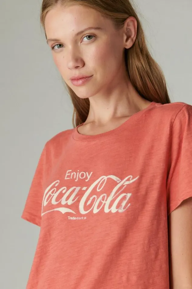 Lucky Brand Coca Cola Flock Classic Crew Cardinal Women Graphic Tees