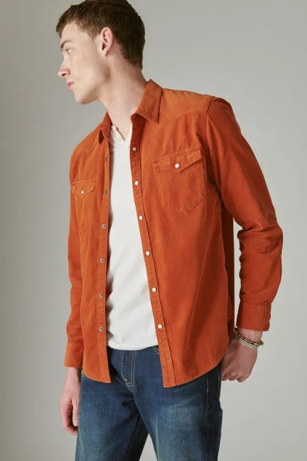 Lucky Brand Corduroy Western Long Sleeve Shirt Sequoia Brown Men ButtonDowns