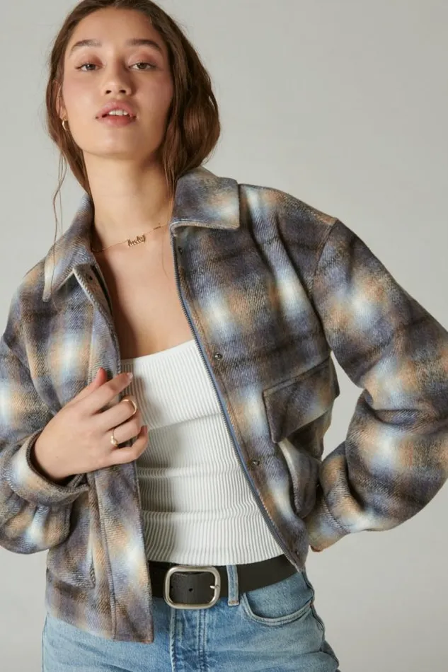 Lucky Brand Cropped Plaid Jacket Blue Multi Plaid Women Jackets and Outerwear
