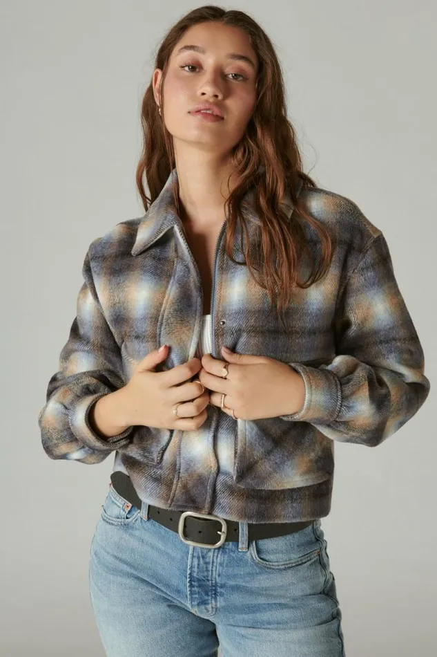 Lucky Brand Cropped Plaid Jacket Blue Multi Plaid Women Jackets and Outerwear