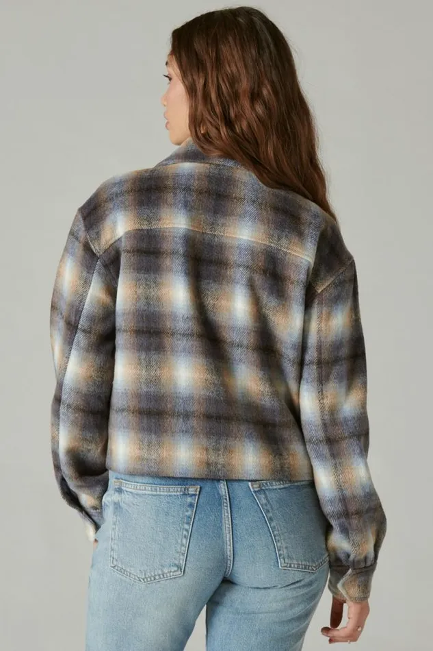 Lucky Brand Cropped Plaid Jacket Blue Multi Plaid Women Jackets and Outerwear
